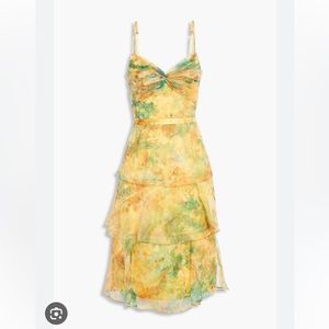 Marchesa Notte Yellow organza tiered watercolor floral dress